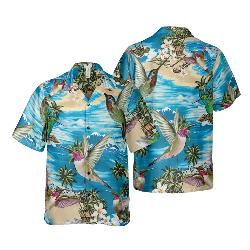 Tropische Kolibrie 3D Bedrukte Shirts Voor Mannen Kleding Casual Hawaiiaanse Dieren Korte Mouw Kleine Vogel Blouses Aloha Knop Tops