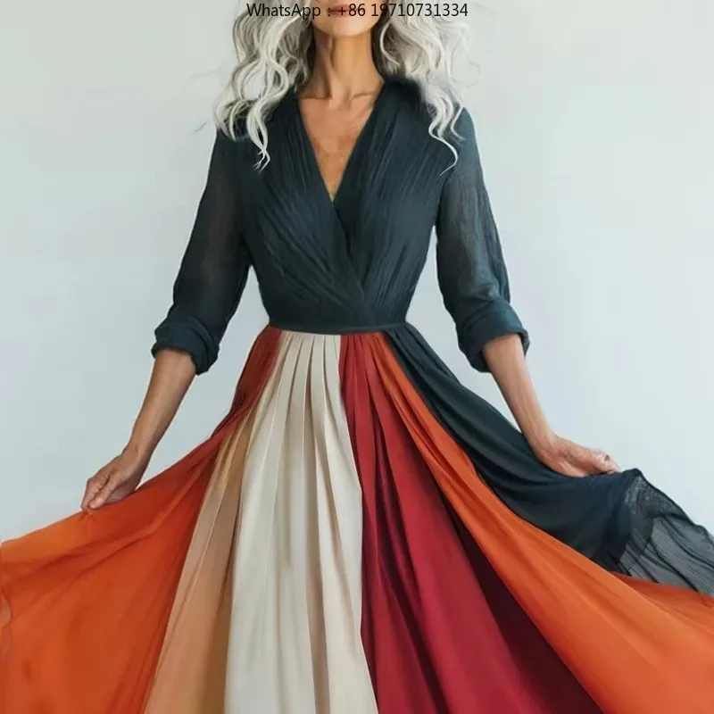 Elegant V Neck Color Blocked Long Dress Women Fashion Hight Waist Big Swing Dress Casual Long Sleeve Printed Pleat Party Dresses