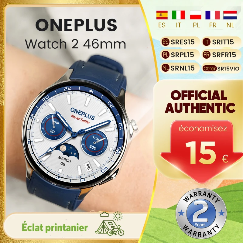 Nouvelle montre intelligente OnePlus Watch 2, écran AMOLED de 1,43 pouces, batterie de 500 mAh, plus de 100 modes sportifs, 2 Go + 32 Go, 46 mm, Wi-Fi, GPS, IP68, Google Pay