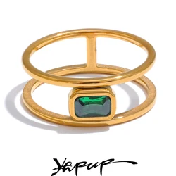 Yhpup Stainless Steel Double Layer Hollow Green Cubic Zirconia Fashion Ring Exquisite Rust Proof 18K Gold Color Finger Jewelry
