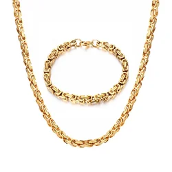 Punk Byzantine Link Chain Necklace Bracelet Set 4mm Gold Color Stainless Steel Chain For Men Women Vintage Party Jewelry Sets