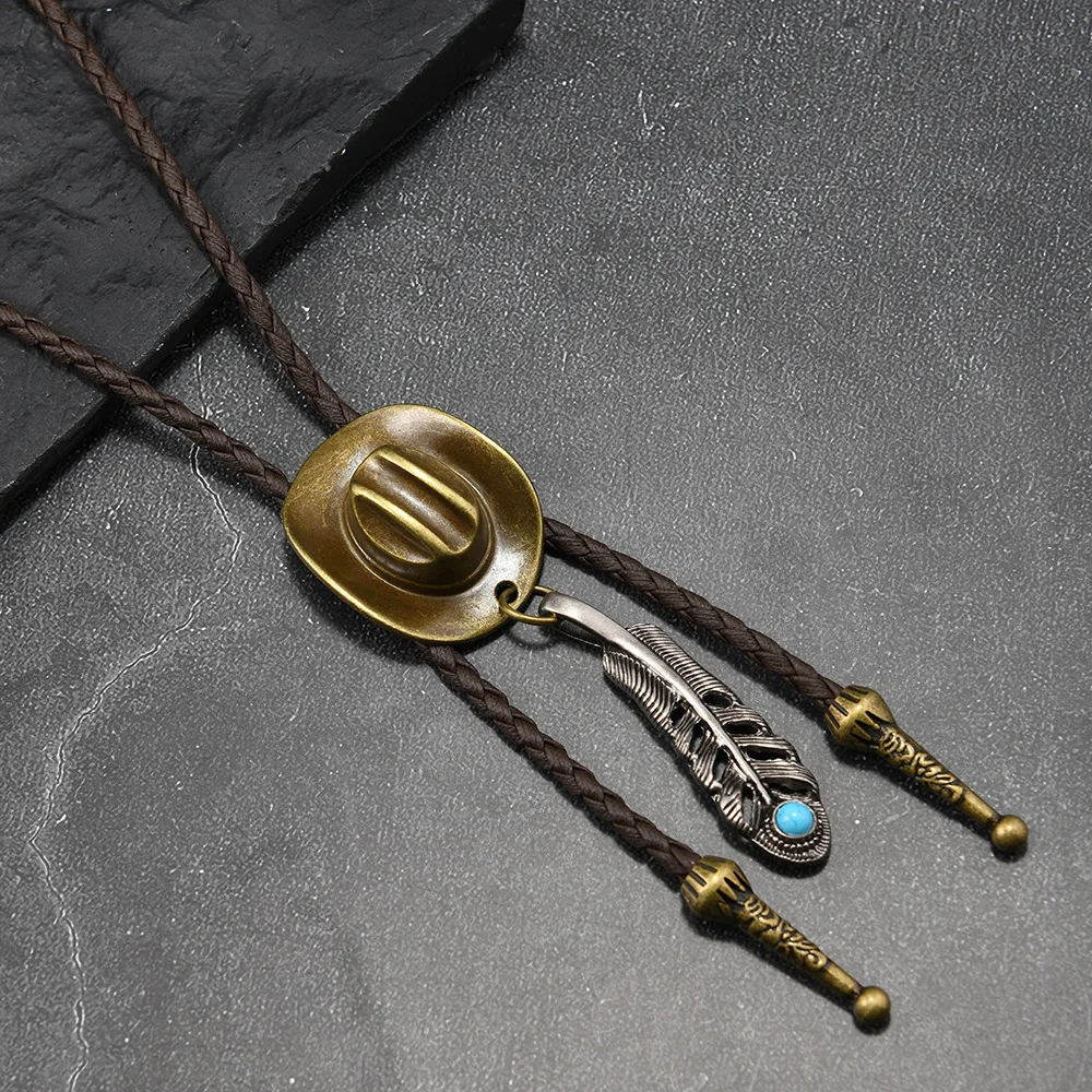 Vintage Cowboy Hat Leaves Model Jazz Alloy Mens Women Leather Rope Long Necklace Sweater Chain Shirts Bolo Tie Men Accessories