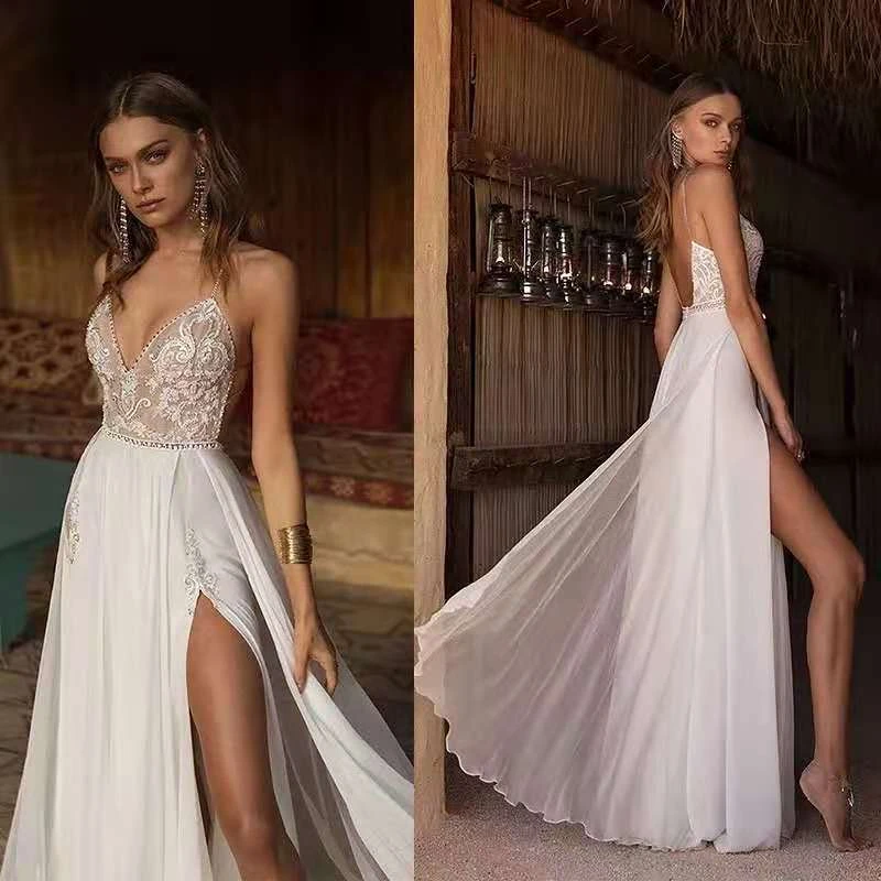 Vestido De novia bohemio con escote triangular y Espalda descubierta, tirantes finos De gasa con traje De novia, escote triangular, estilo playero