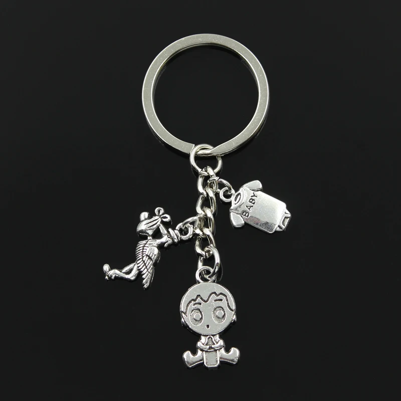 Fashion 30mm Key Chain Keychain Jewelry Silver Color Stork Baby Girl Boy Onesie Coverall Pendant