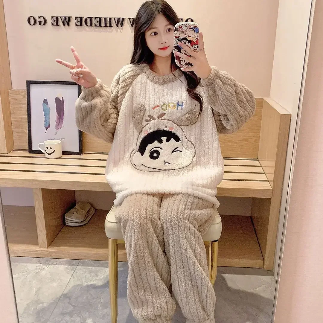 

Crayon Shin-chan Coral Velvet Women Pajamas Fall Winter Padded Thickened Long-sleeved Cardigan Warm Loose Leisure Homewear Suit