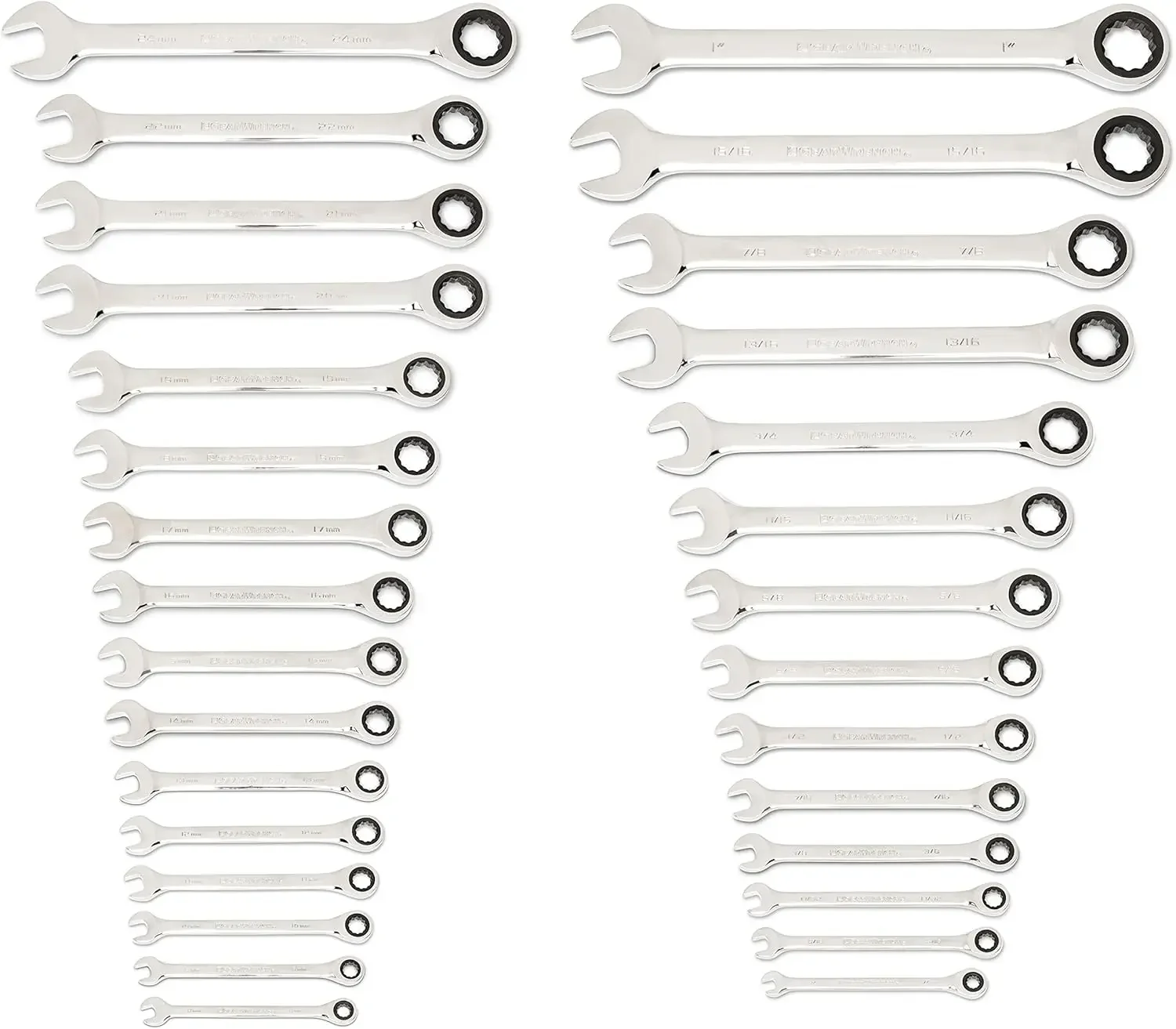 GEARWRENCH 30 Piece 12 Point Ratcheting Combination SAE/Metric (1/4-1 in., 8-24 mm) Wrench Set with Wrench Racks - 86702