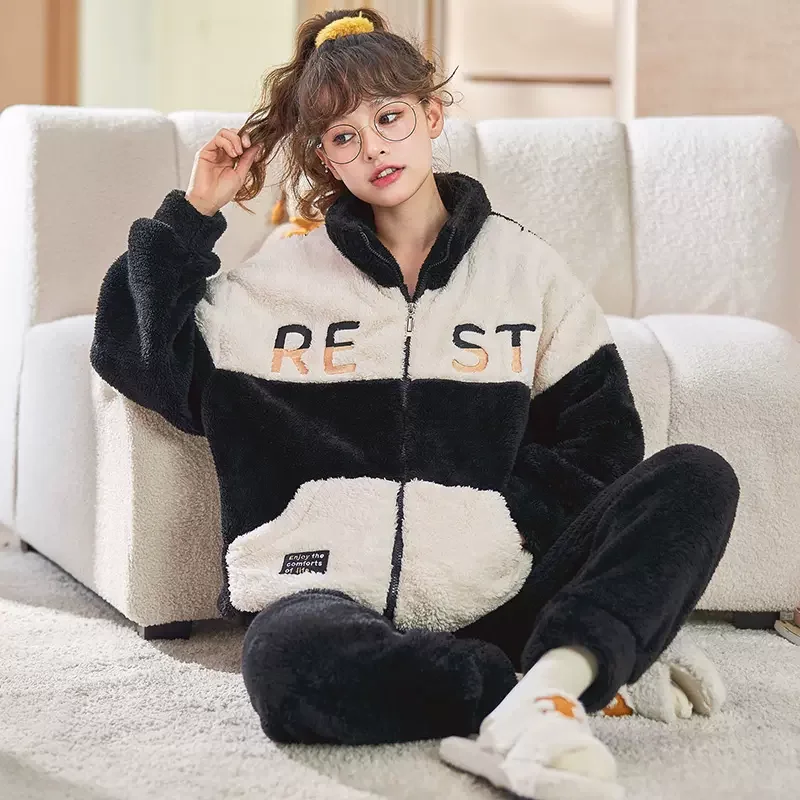 

Women Pajamas Set Free Shipping Coral Fleece Pajama Women Set Thick Autumn/winter Large Size Loungewear Set Cute Sleepwear Warm