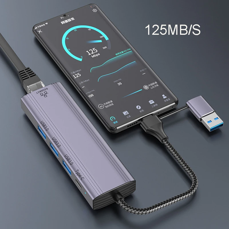 Конвертер сетевой карты USB-RJ45 типа C, удлинительный адаптер Ethernet 1000 Мбит/с, 5-портовый USB-концентратор, кабель-разветвитель, док-станция для передачи данных на телефоне