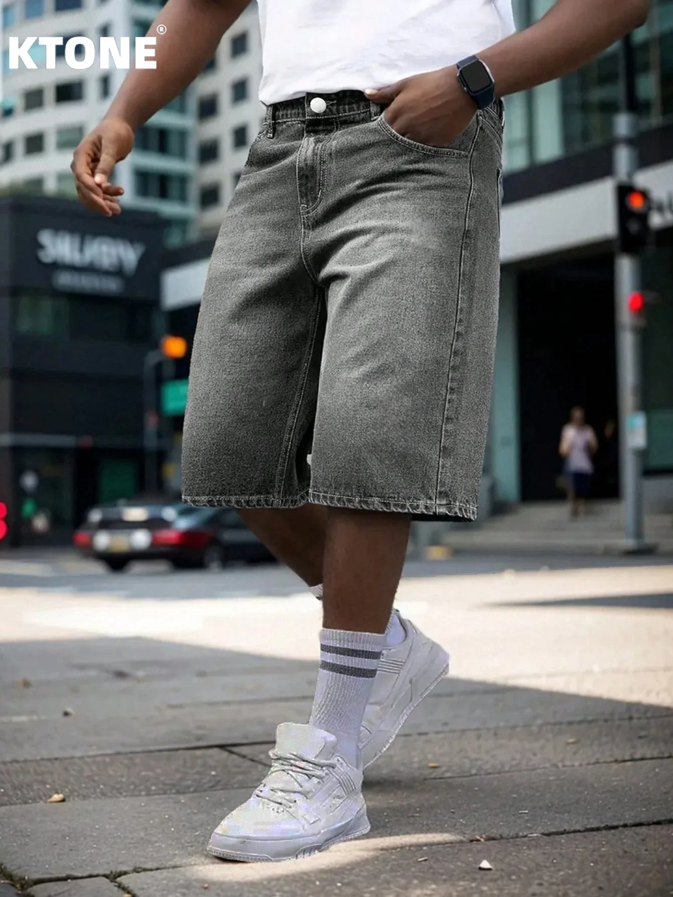 

Simple style loose denim jorts men casual daily wear non stretch solid color gray black light shade short trousers
