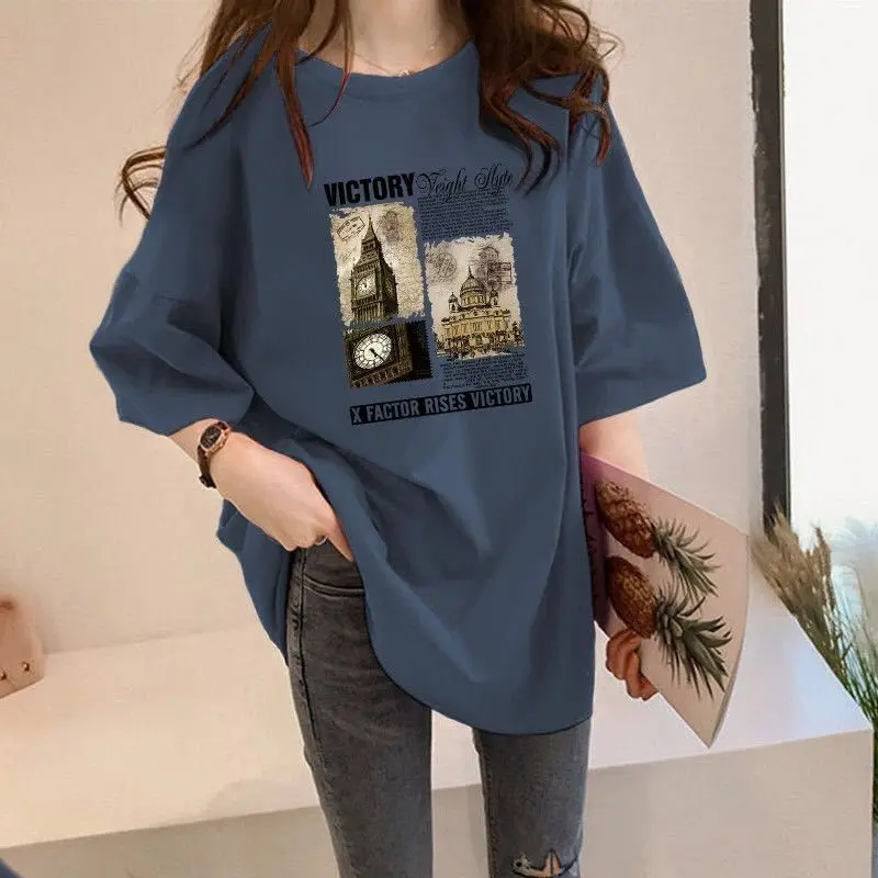 European American Building Print Cotton Short Sleeved T-shirt for Women Summer New Korean Version Loose Medium Length Trendy Top