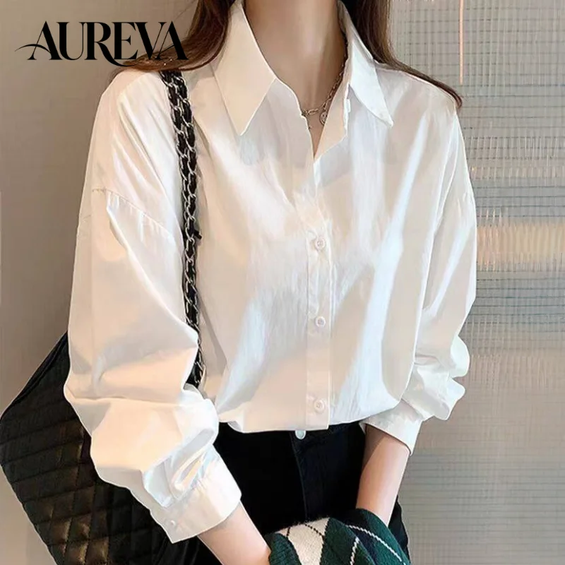 Women's White Long Sleeve Basic Shirt Versatile Vintage Uniform Blouse Casual Office Workwear Inner Wear