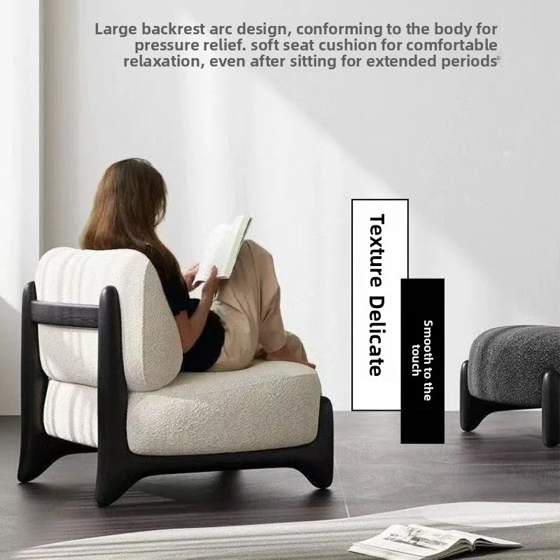 Cream Style Solid Wood Accent Chair Fluffy Lamb Fleece Lazy Relax Seat for Balcony Small Household Living Indoor Space