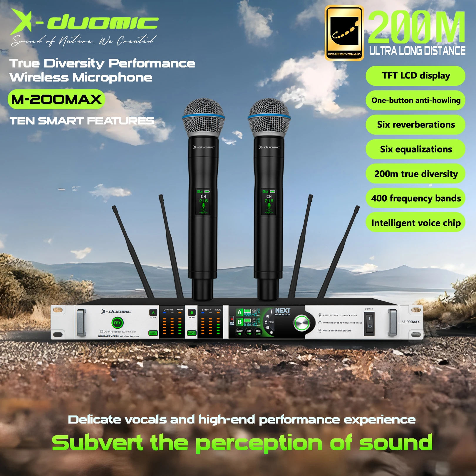 X-DUOMIC true diversity wireless microphone singing stage high-end performance U section FX+EQ+FBX microphone 200meters distance