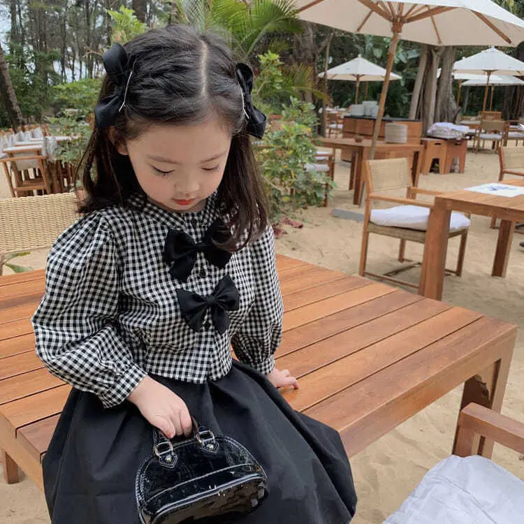 

Girls' Suit Skirt 2022 Children's Plaid Bow Shirt Two-Piece Overskirt Suit Spring and Autumn College Style Clothes Baby