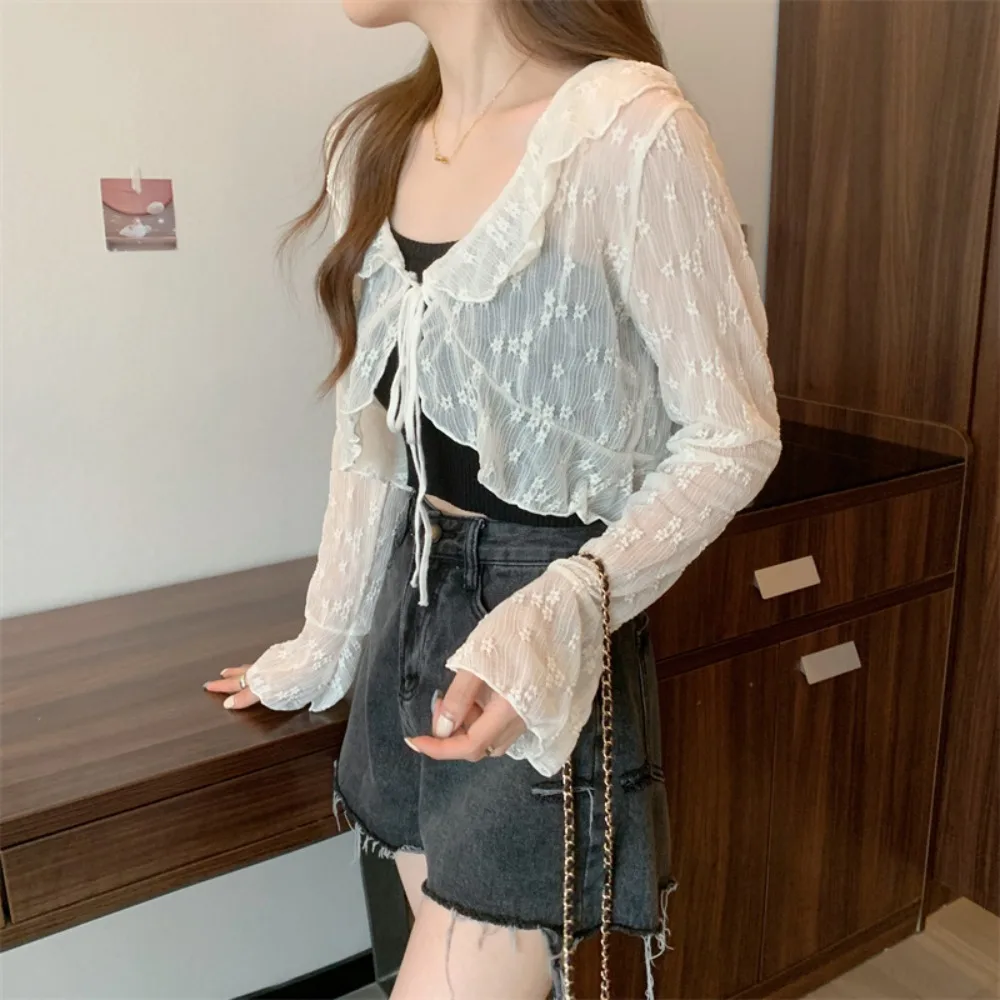 الأزهار زهرة رقيقة واقية من الشمس سترة أعلى تكدرت حافة الخامس الرقبة محبوك طويلة الأكمام واقية من الشمس أعلى ملابس الشاطئ المرأة المحاصيل الأعلى