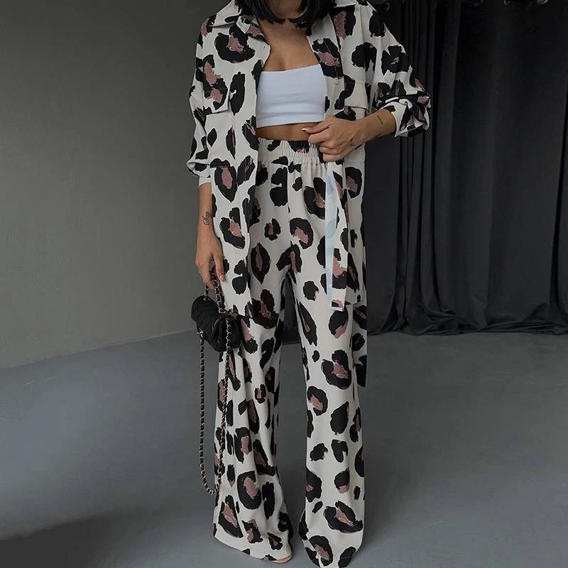 

New Spring Long-sleeved Shirt Cardigan Outfit Women Turn-down Collar Button Top & Wide Leg Pants Set Autumn Loose Two Piece Suit