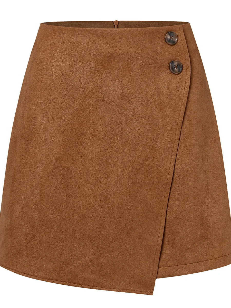 

Женская короткая юбка из замши с высокой талией на молнии и пуговицах, осенне-зимняя, асимметричная, однотонная, в деловом стиле, А-силуэт