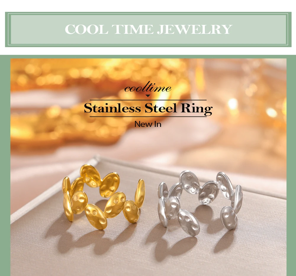 CoolTime Goldfarbene Edelstahl-Damenringe, elliptisch, strukturiert, Wassertropfen-Design, offener Ring, verstellbar, Schmuckgeschenk, Großhandel – Detail 1