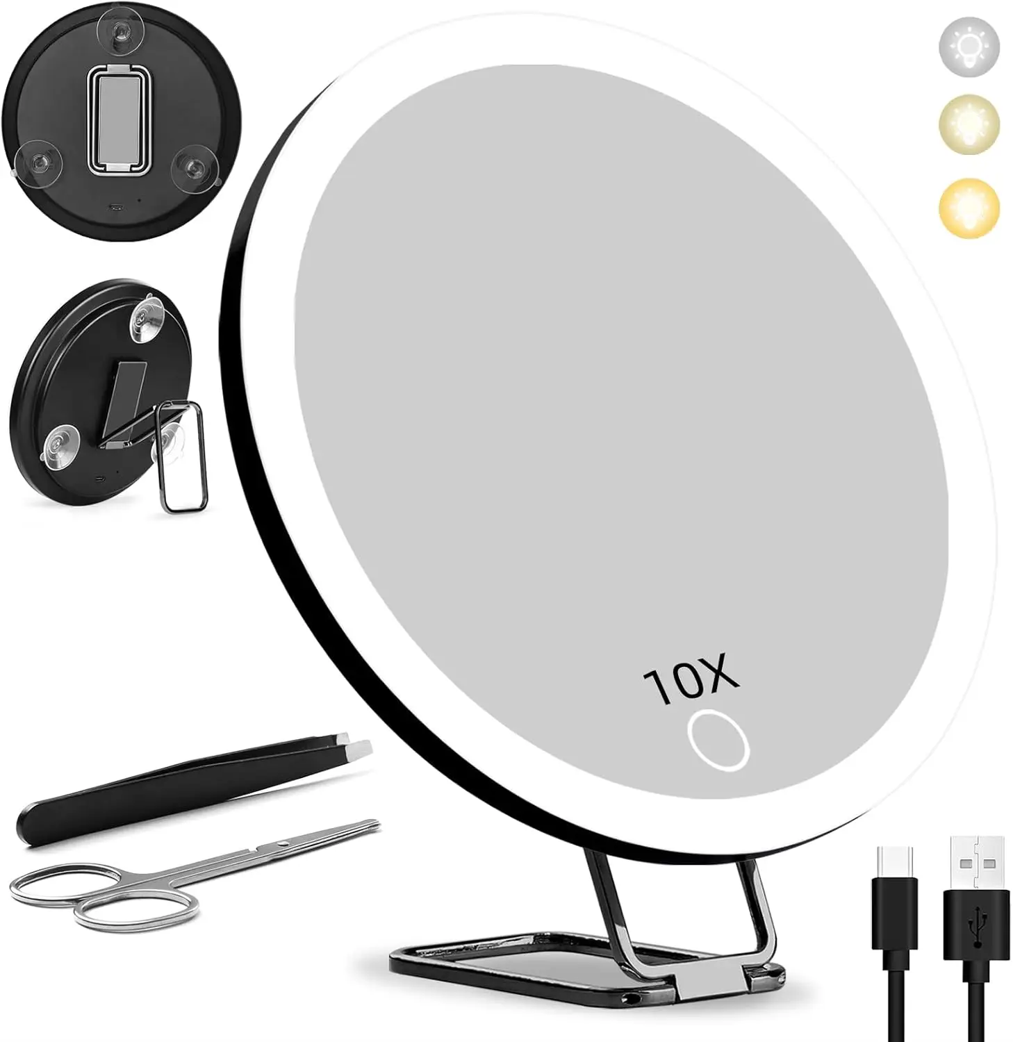 10X Magnifying Mirror with Light 6'' LED Makeup Magnifying Mirror with 3 Color Dimmable Makeup Mirror with 10X Magnification, Li