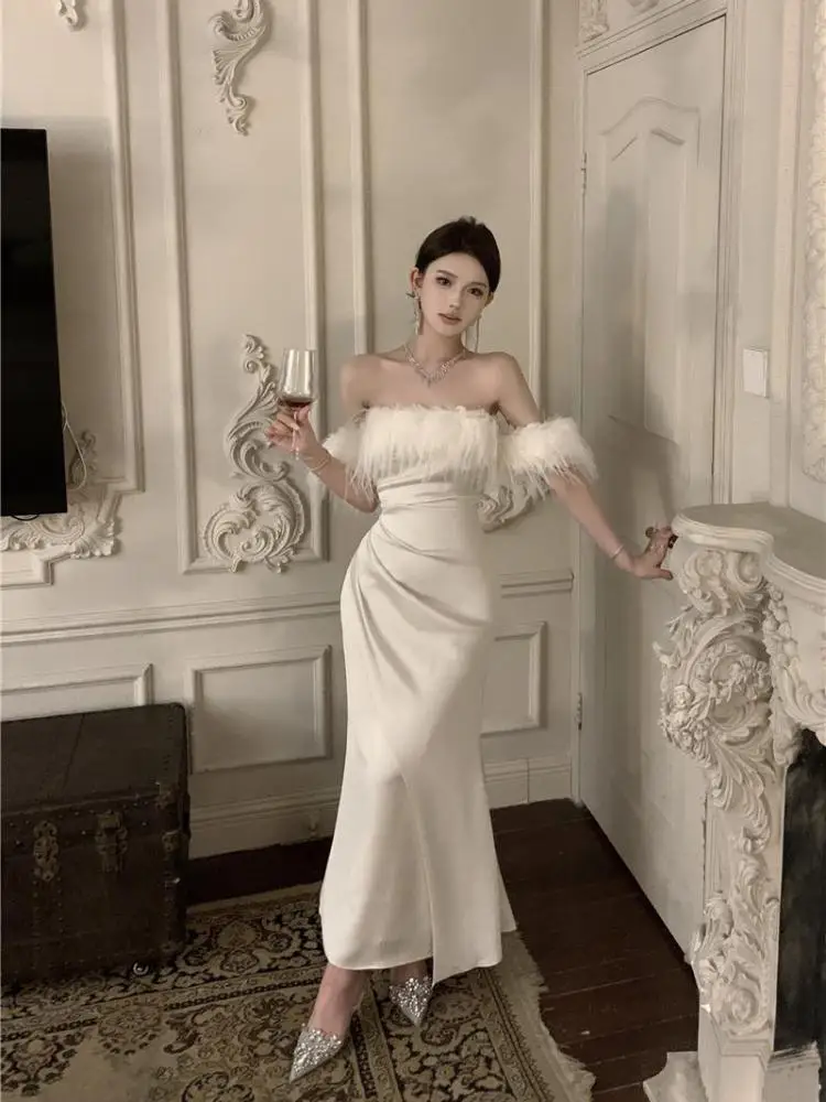 

Vintage Women Beige Sexy Plush Neck Off Shoulder Pleated Long Dress Autumn Winter Slim Elegant Backless Party Evening Dress Chic