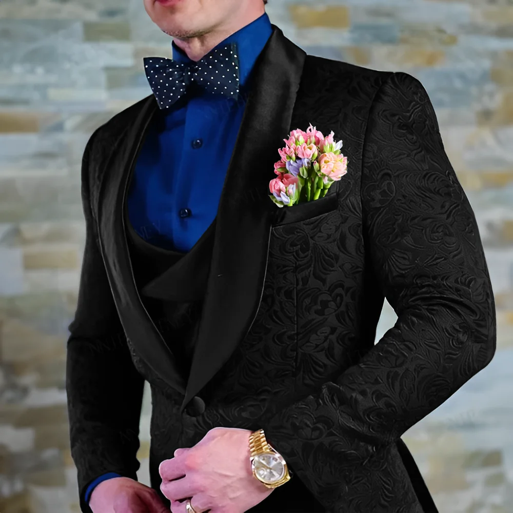 Navy Blue Men's Suit Jacquard Jacket Pants Vest 3-piece Set Formal Wedding Groom's Tuxedo Fashion 2024 Blazer Elegant Men Suit
