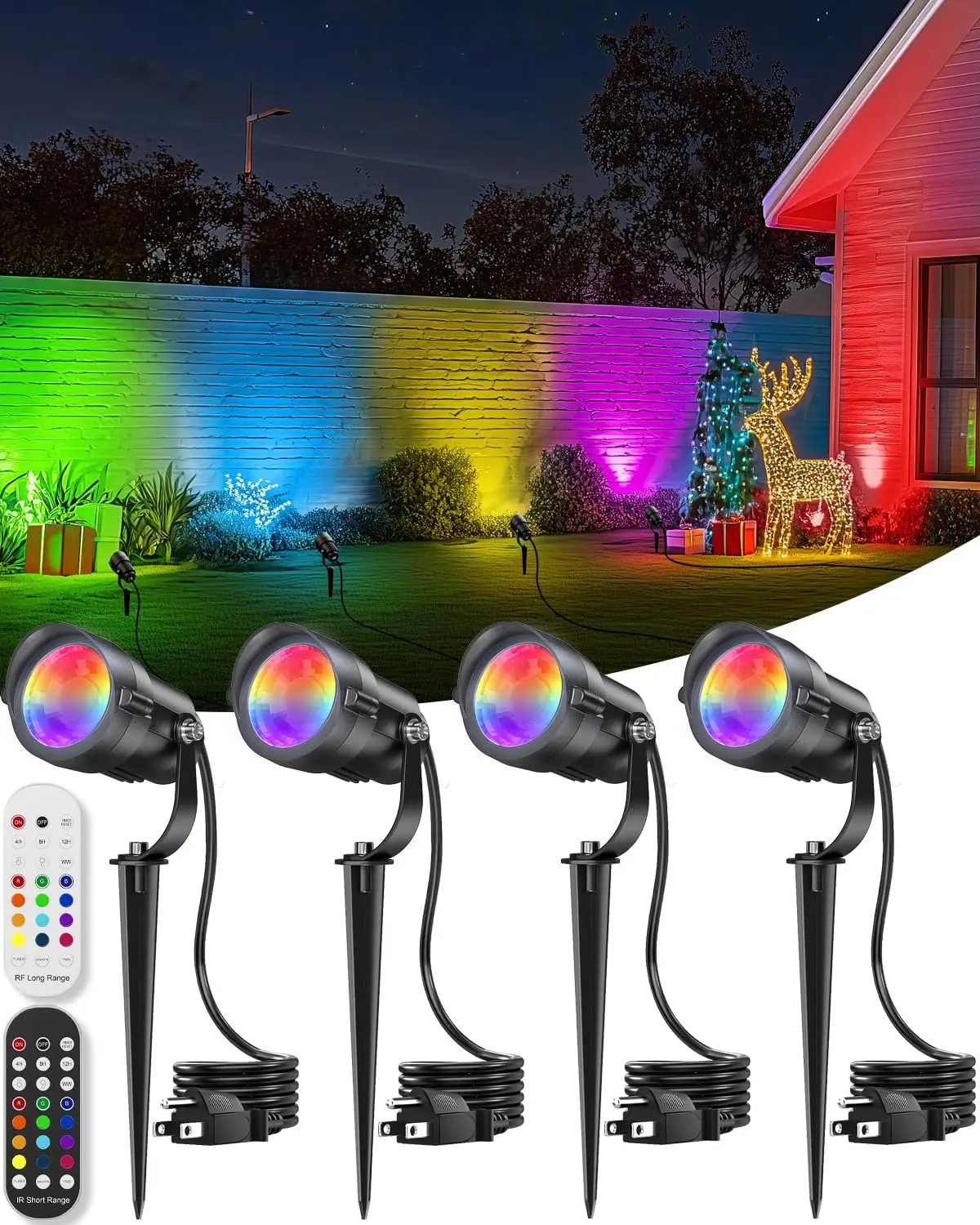 12W RGBWW Outdoor LED Spotlight with Remote, Timer, Dimmable, Waterproof for Garden Christmas Decoration - 4 Pack