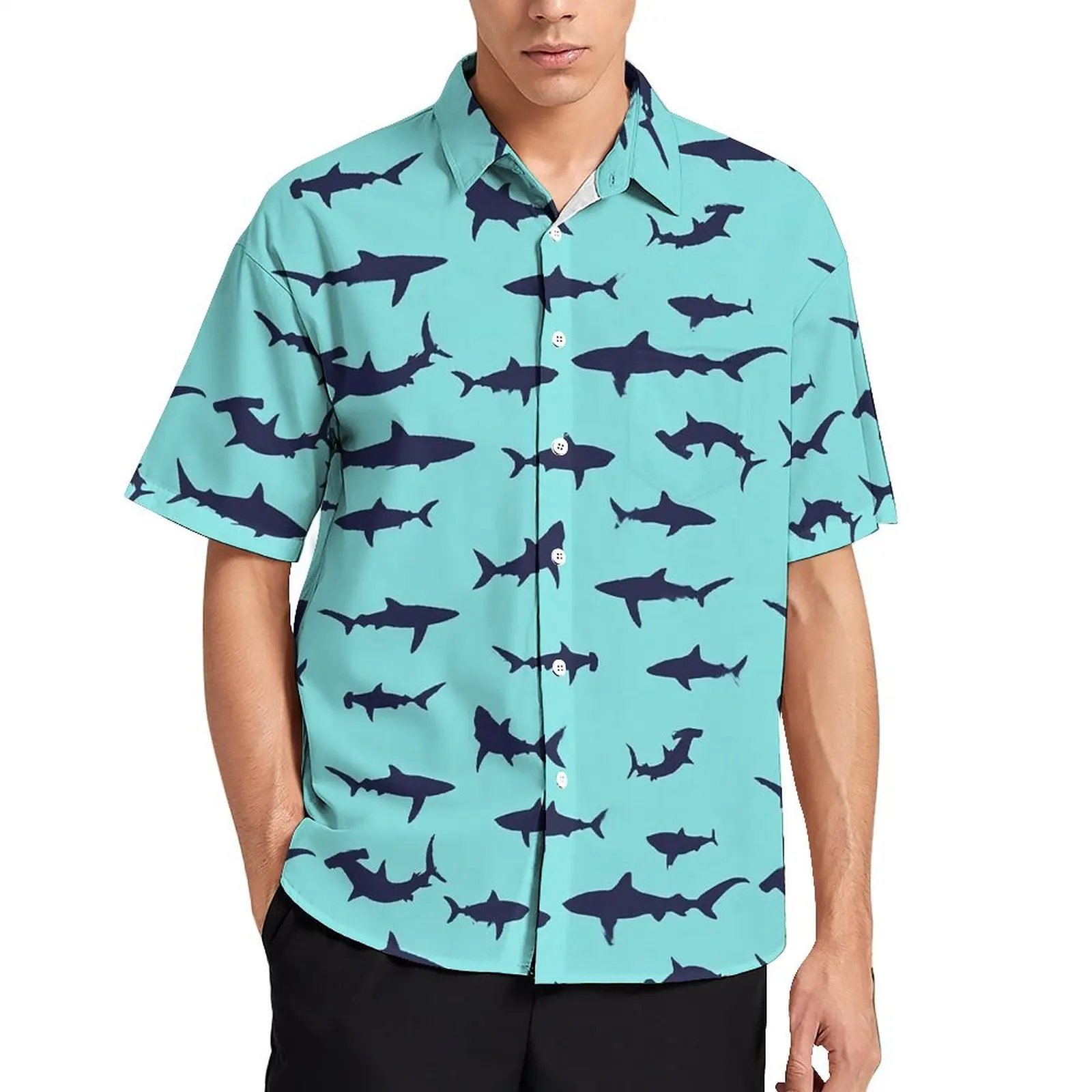

Классическая гавайская рубашка в стиле кэжуал с принтом в виде акул, мужские пляжные блузки большого размера с коротким рукавом, Y2K
