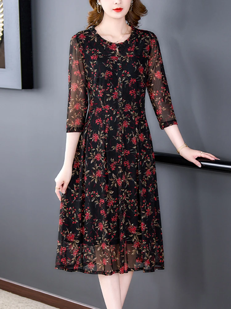 Robe mi-longue en maille florale pour femme, vintage coréen, robe de soirée élégante et décontractée, mode éducative, tambour léger, robe de nuit, printemps, automne, 2024