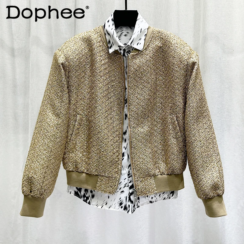 

2024 New Personality Fashion Design Sequin Yellow Gold Long Sleeve Jackets Men's Trendy High Street Loose Short Baseball Jacket