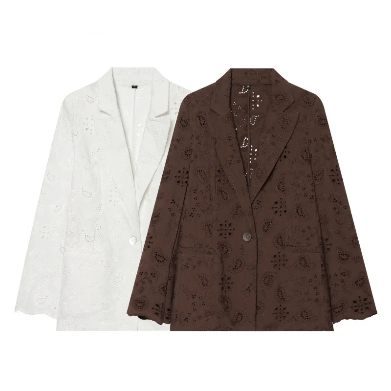 

Fashionable Women's Slim Fit Suit Jacket with Padded Shoulder Hollow out Embroidery Cross-Border Long Sleeve Casual Wear