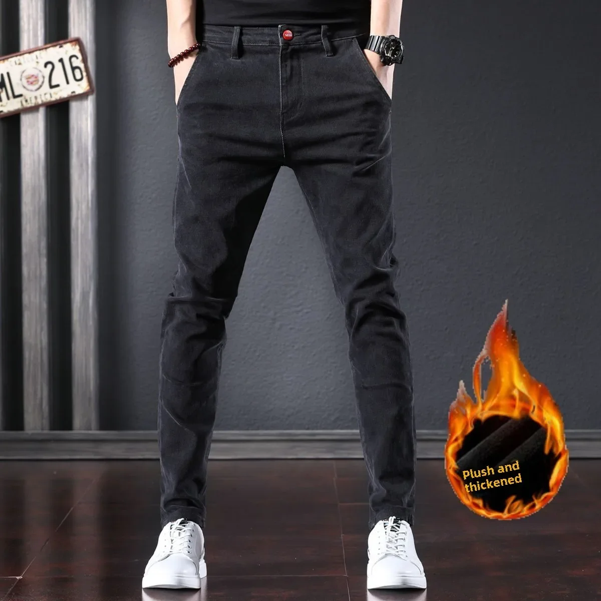 Men's Slim Fit Jeans High-end Fleece Keep Warm Casual Pants 2024 Winter New Style Streetwear Plus Velvet Thickened Trousers