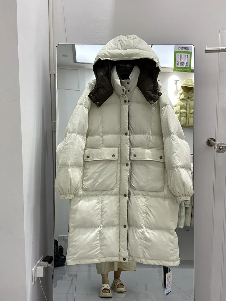 女性ダウンジャケットカジュアルルーズオーバーサイズパッチワーク秋冬暖かい厚いフード付き生き抜くスタンドカラーコート 2025