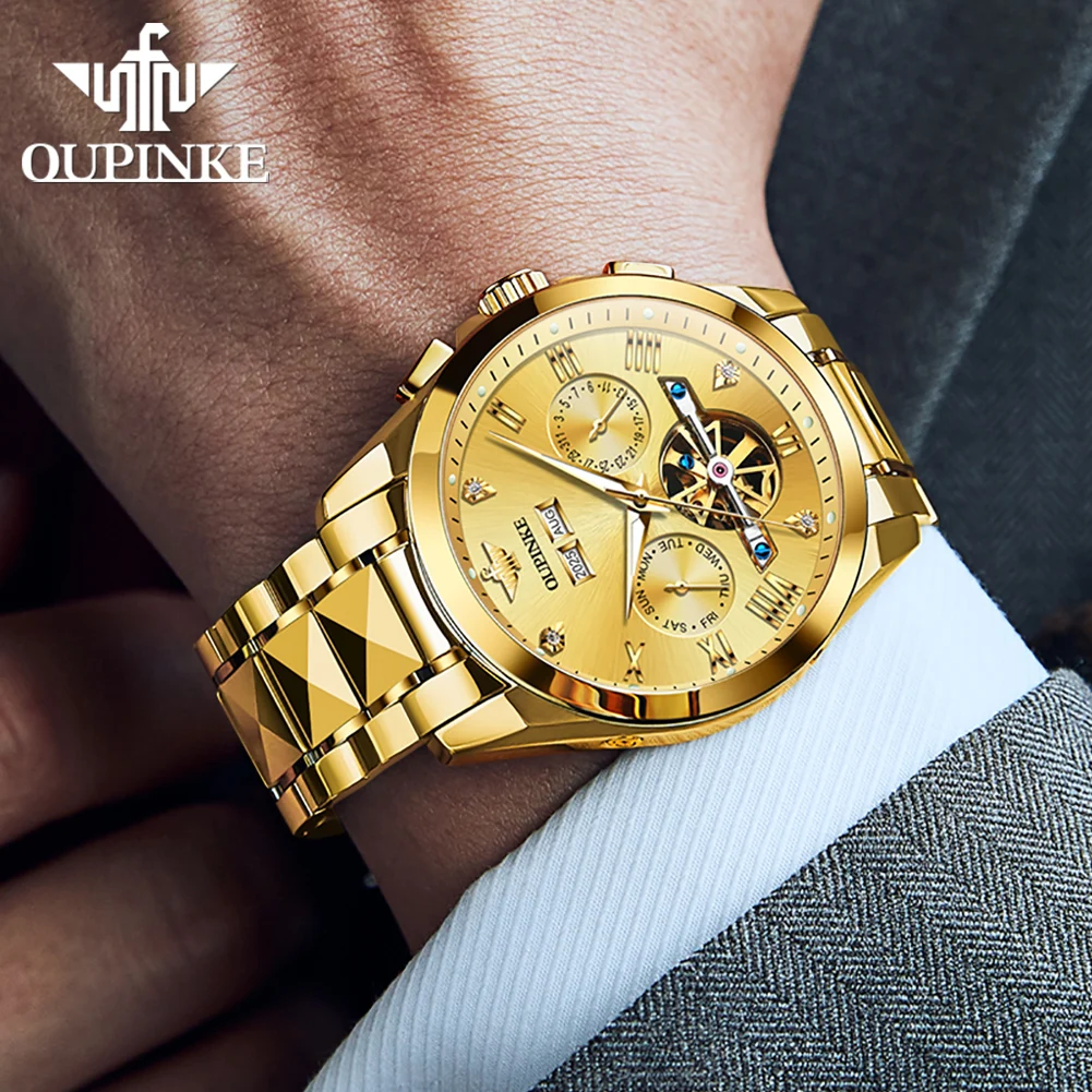 นาฬิกา OUPINKE 3280 รุ่นใหม่ คุณภาพสูง นาฬิกาผู้ชายสุดหรู ระบบออโตเมติก ﻿   นาฬิกาเหล็กทังสเตนกันน้ำ 50 เมตร กล่องของขวัญ