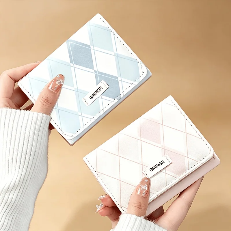 Sea Salt Blue Plaid Tri-Fold Wallet, Fresh Ins Style Korean Minimalist, Multi-Functional Student Card & Coin Holder All-in-One