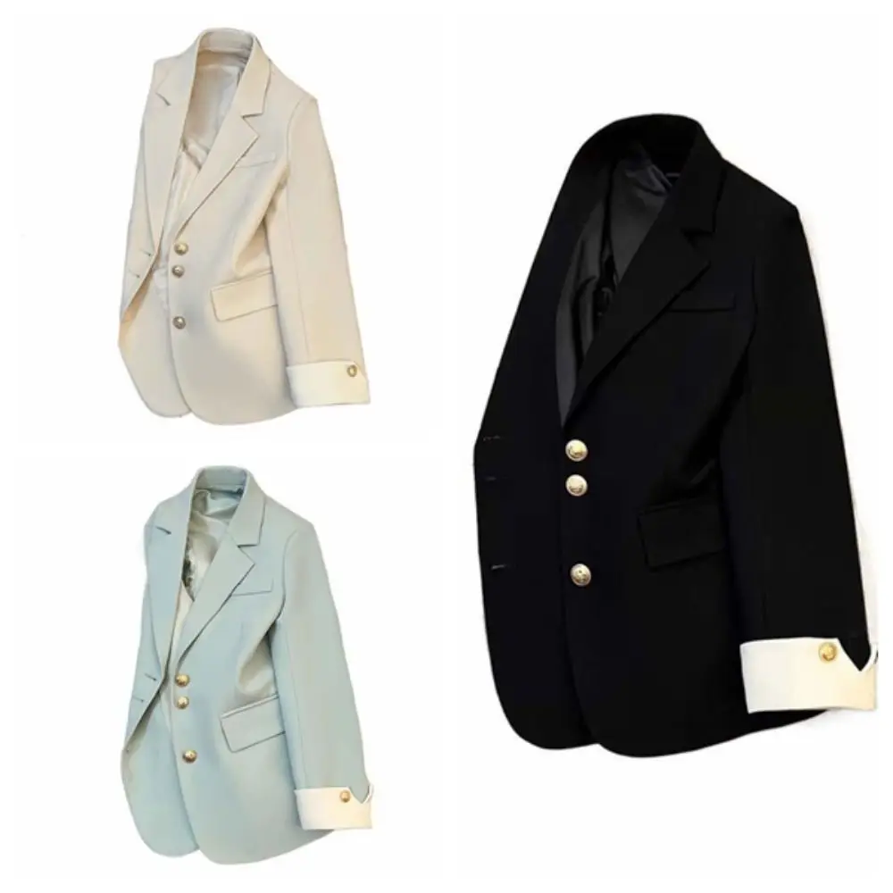 Single-breasted Vintage Suit Jacket Oversized Autumn Spring Notched Coat Women Korean Style Long Sleeve