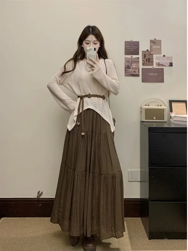 

plus Size Women's Lazy Sle Long Sve Dr Autumn New Waist Cinched Ele f Skirt Two Piece Set Korean Loose Fit