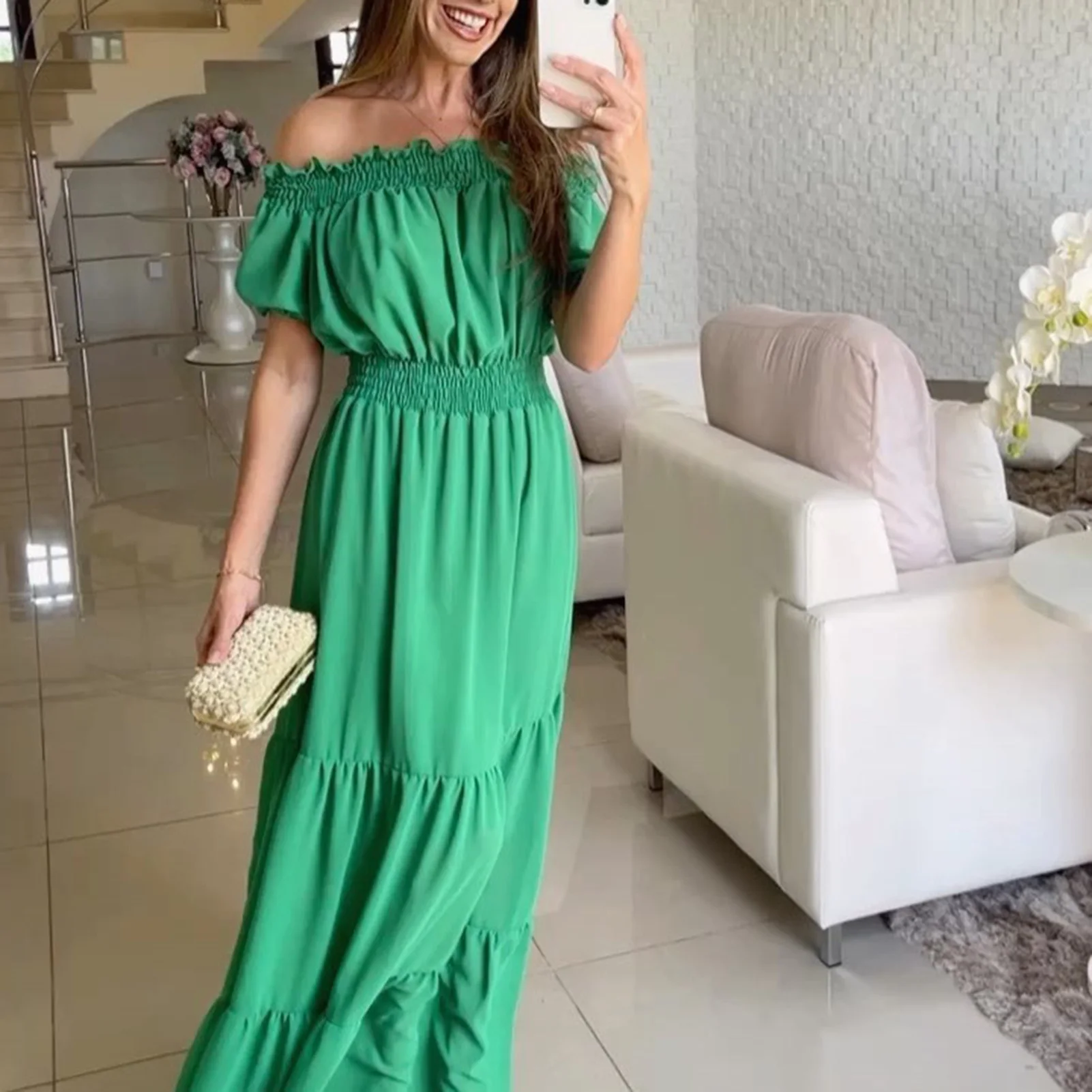 Boho Dresses for Women 2024 Summer Sexy Off Shoulder Solid Color Flare Sleeve Tunic Dress Women Casual Mini Sundress Vestido