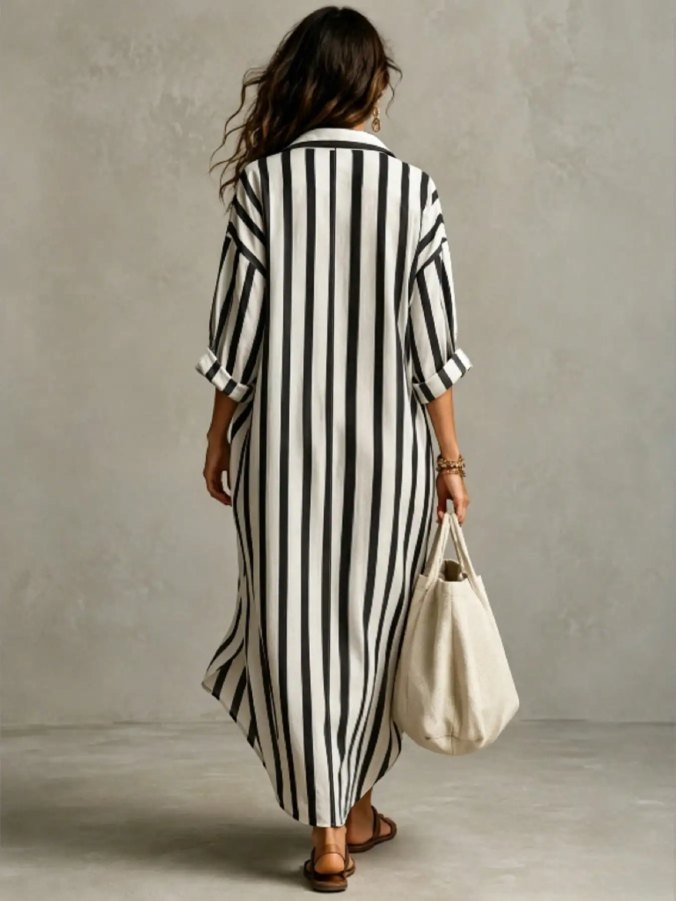 Damen Langes Gestreiftes Hemdkleid V-Ausschnitt Locker Lässig Sommer Urlaub Mode Europäischer und Amerikanischer Grenzüberschreitender Stil – Detail 11