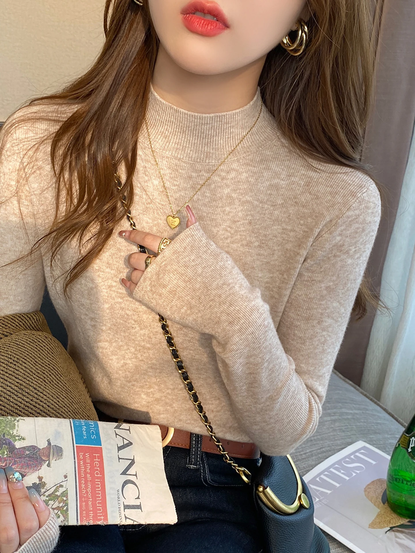 

Женская трикотажная основа с высоким воротником, Camere, внутренняя одежда, модный повседневный теплый мягкий вязаный топ Long Sve