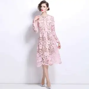 高品質の秋のピンクビーズダイヤモンドフラワー刺繍レース長袖ミディイブニングドレスパーティー女性ベルト 12ベストセールスケイトミドルトンジュエリー-12