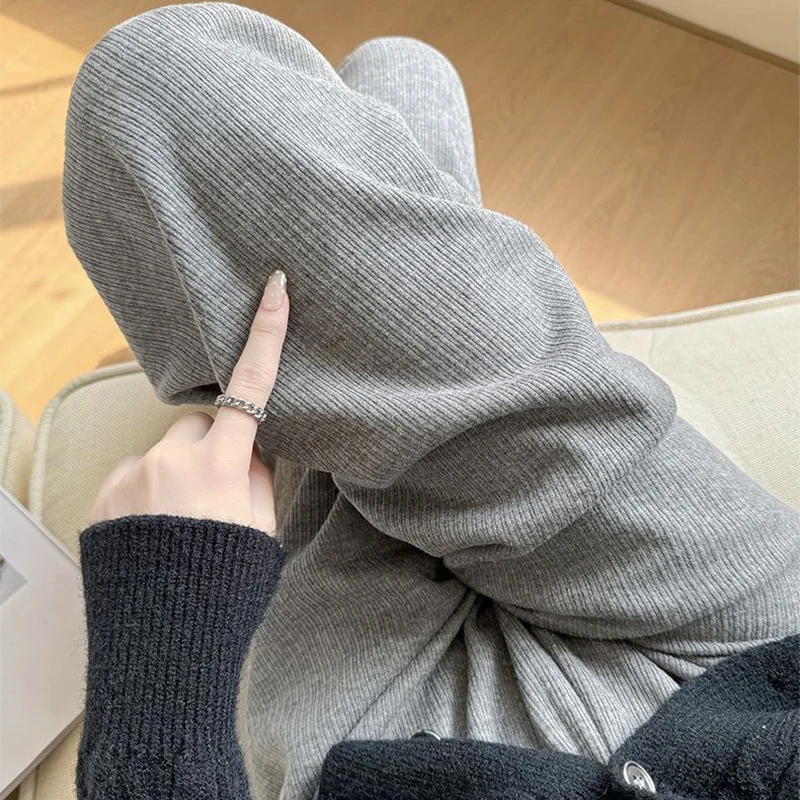 กางเกงไหมพรมถักนุ่มสบายสไตล์ลำลองสำหรับผู้หญิง ใส่ได้ทุกโอกาส ทรงตรงหลวม เรียบง่าย เหมาะกับฤดูใบไม้ร่วงและฤดูหนาว