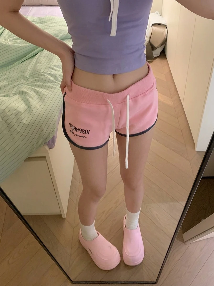 American Retro Embroidered Drawstring Elastic Waist Three-quarter Length Casual Sports Yoga Comfortable Shorts for Women
