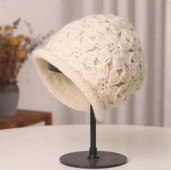 

Women's Pullover Sweater Hat Double Knitted Woolen Hat Handmade Crochet Hat Autumn and Winter Warm and Soft Flowers