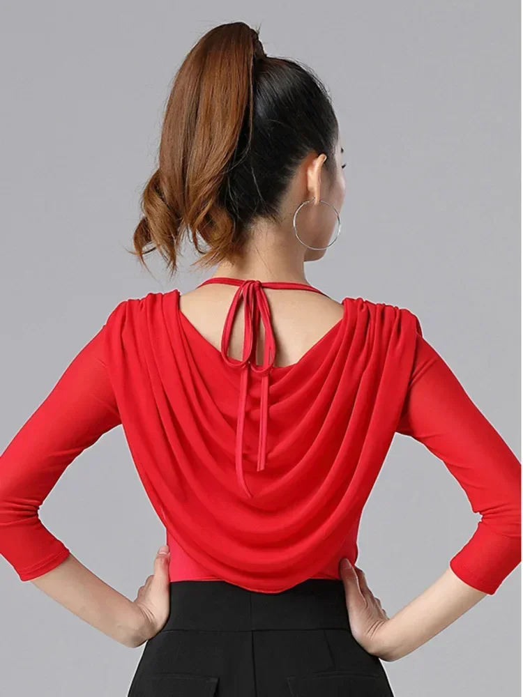 ละติน TOP Waltz ผู้ใหญ่โมเดิร์นสวมใส่สีทึบ Samba เสื้อผ้า Elegant SLIM FIT Ruffle Tassels Tops เต้นรําชุดกีฬาผู้หญิง