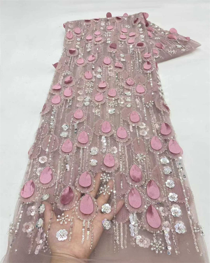 아프리카 3D 꽃 페르시 패브릭, 스팽글 자수, 프렌치 얇은 명주 그물, 결혼식을위한 메쉬 레이스 원단, 럭셔리 패션, 5 야드