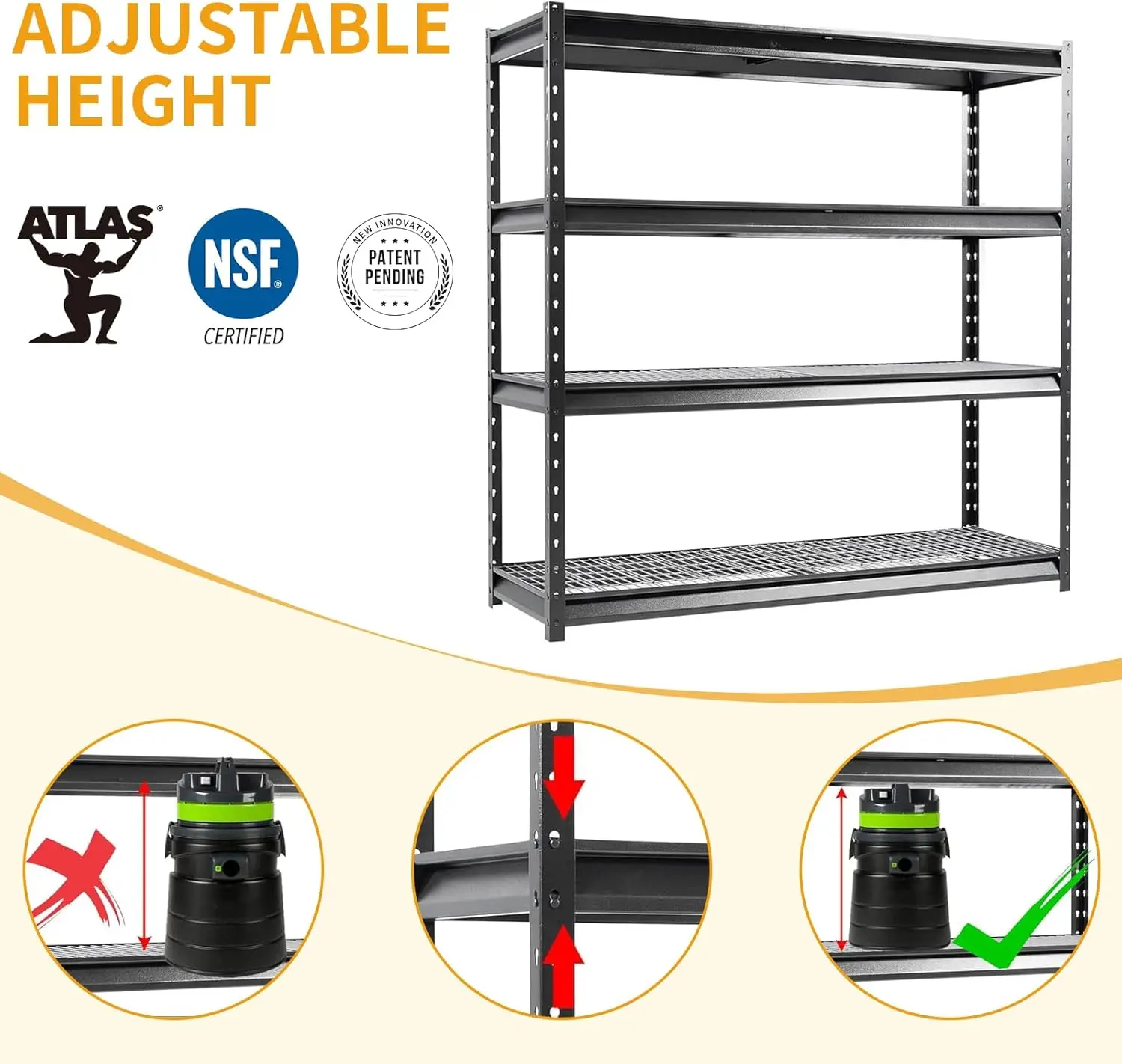 72" W Metal Garage Shelving Unit Load 12000 Lbs, 4 Tier Heavy Duty Storage Rack, Adjustable Industrial Shelves