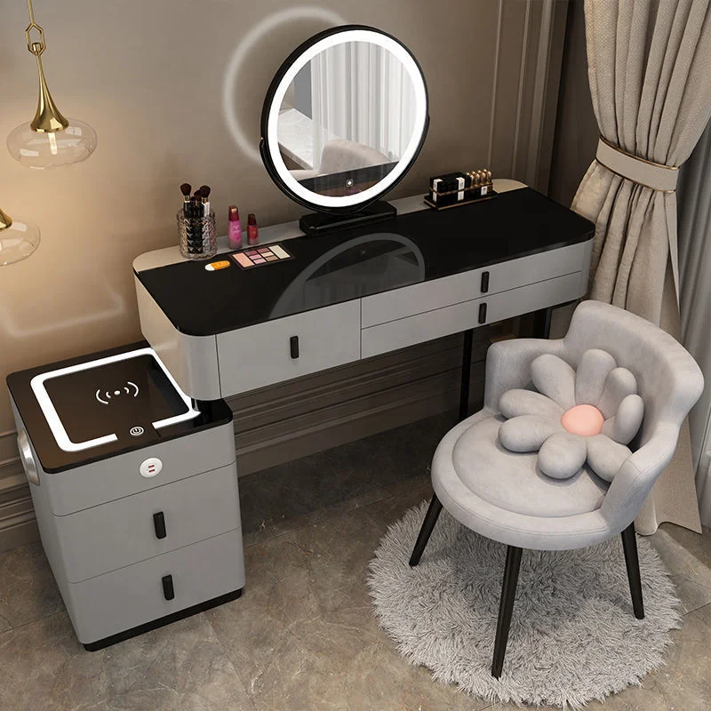 Modern Minimalist Multi-functional Solid Wood Smart Dressing Table With LED Mirror MDF Bedroom Makeup Vanity Table