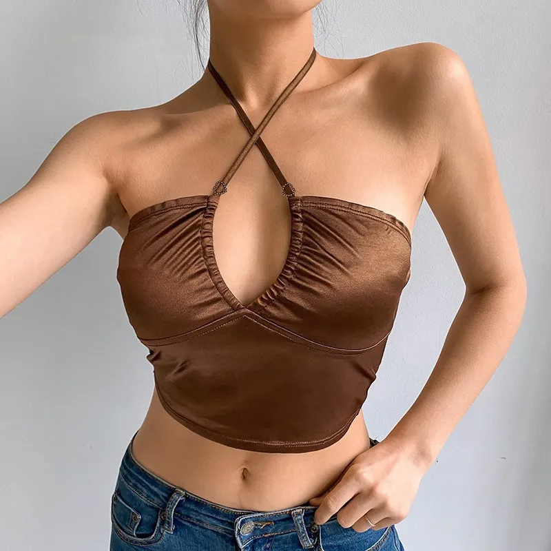 

Women Sexy Satin Tank Top Off Shoulder Bare Midriff Cross Halter Girls Backless Sleeveless Camis Tube Top Female Cropped Vest