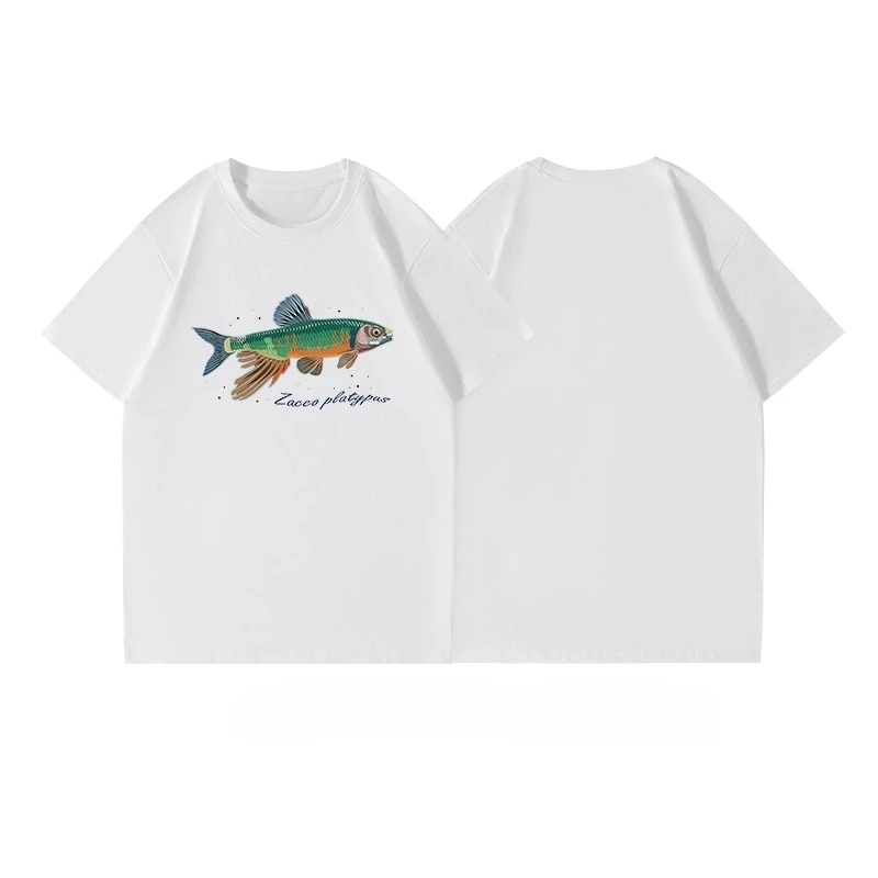 

Летний родной гарпунный хвост бетта, широкая лысая акула Ци, натуральный музей, чистый хлопок с круглым вырезом и короткими рукавами