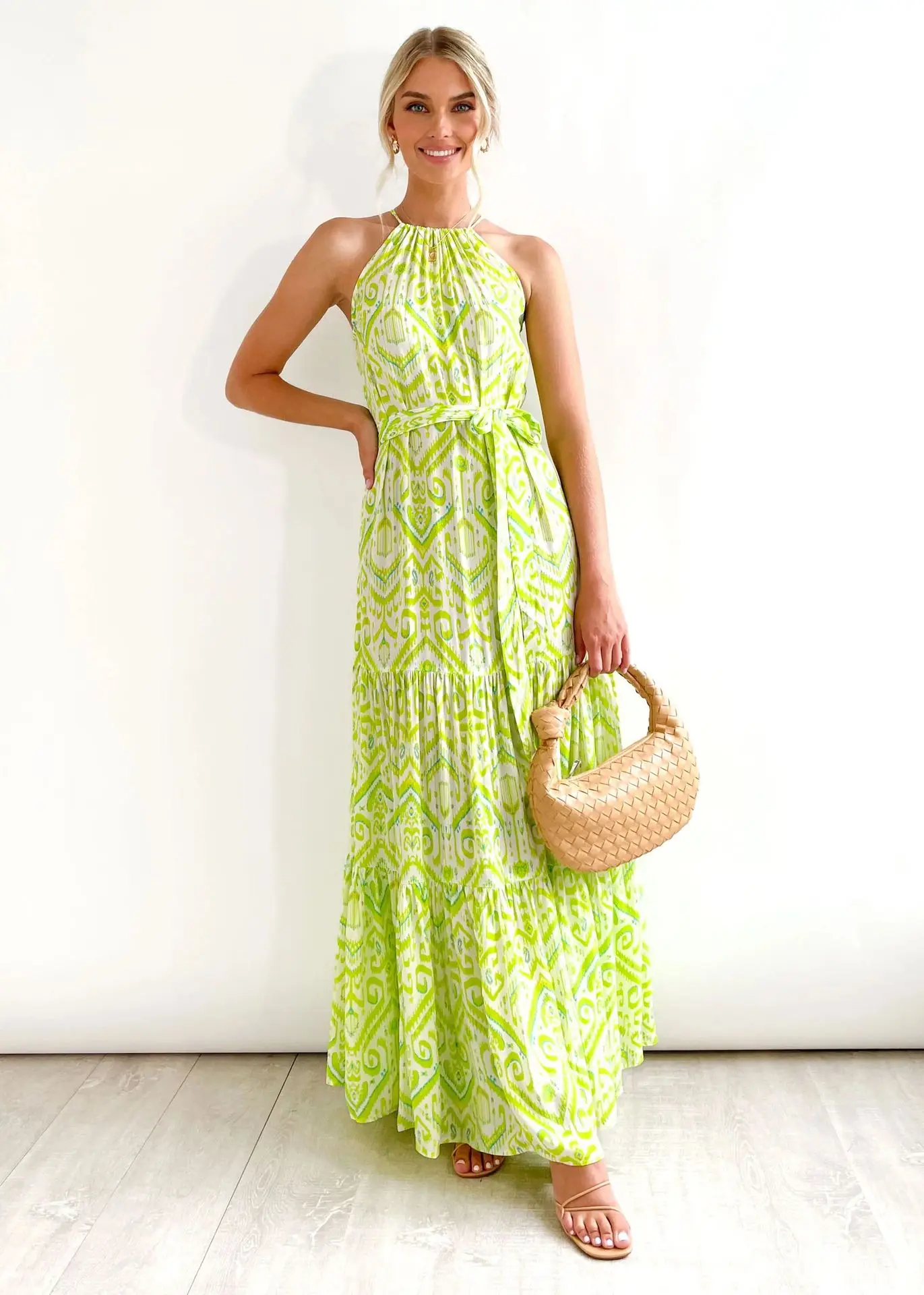 Womens Light Green Print Halter Neck Sleeveless Belted Tiered Maxi Dress Beach Party Vacation Boho Casual Wear